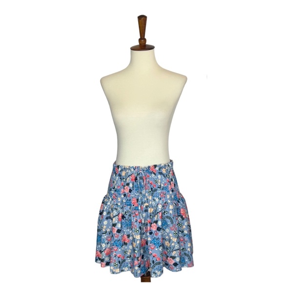 Retro Blue Floral Shirred High Waist Drawstring Beach Skirt - Picture 5 of 16